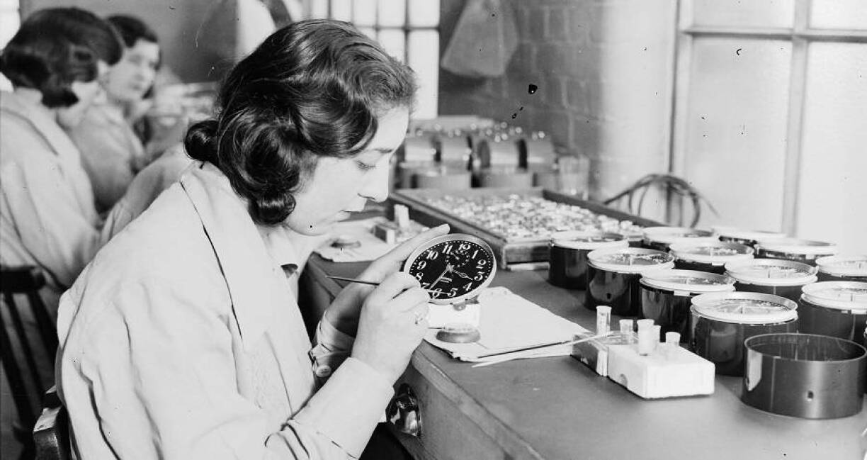 Women painting clocks at Ingersoll factory. 1932.