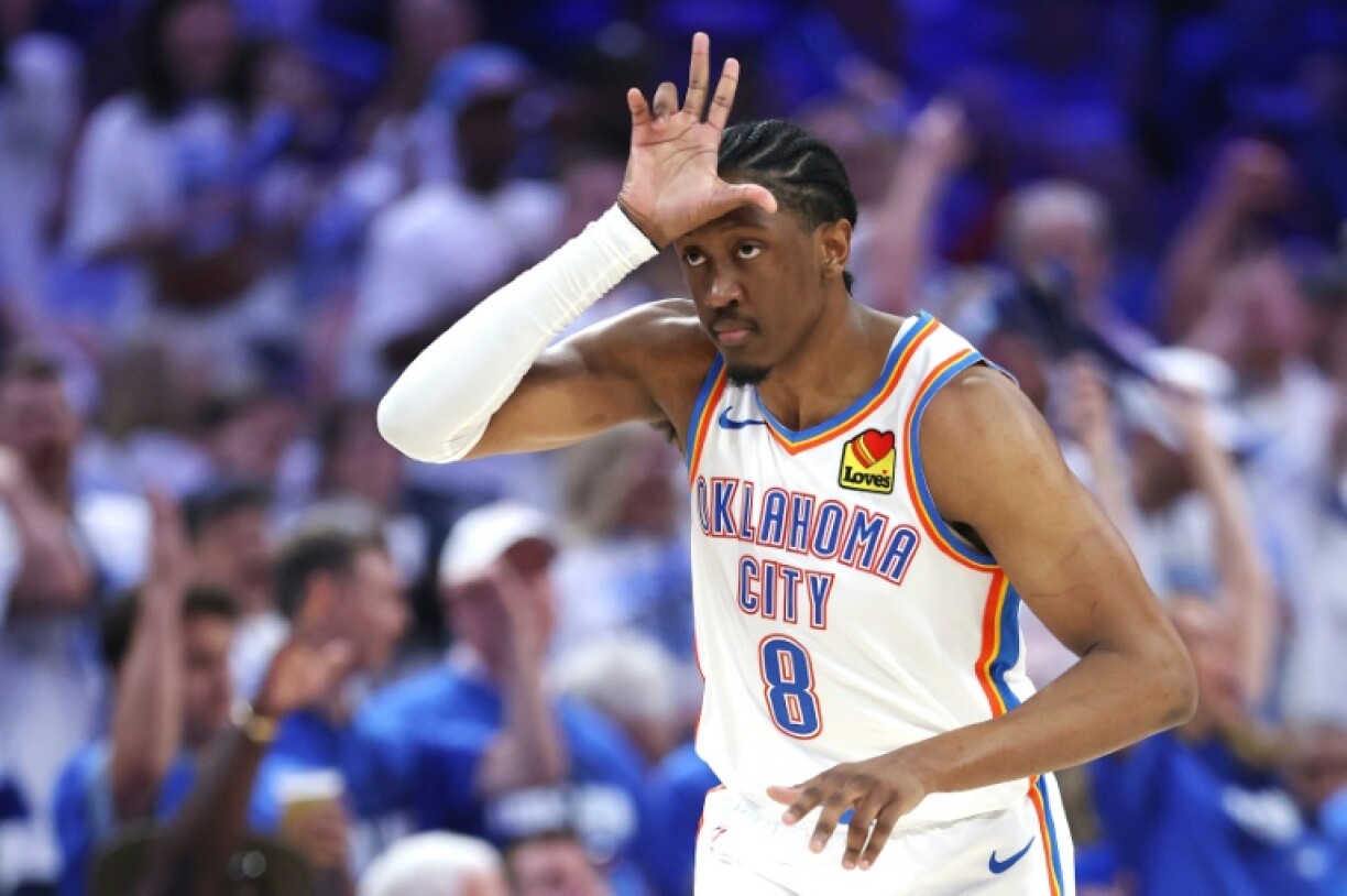 Jalen Williams celebrates a three-pointer in a 40-point performance as Oklahoma City move to the brink of an NBA crown with victory over Indiana