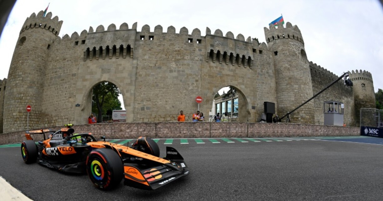 Lando Norris negotiates the Baku street circuit in practice for the Azerbaijan Grand Prix