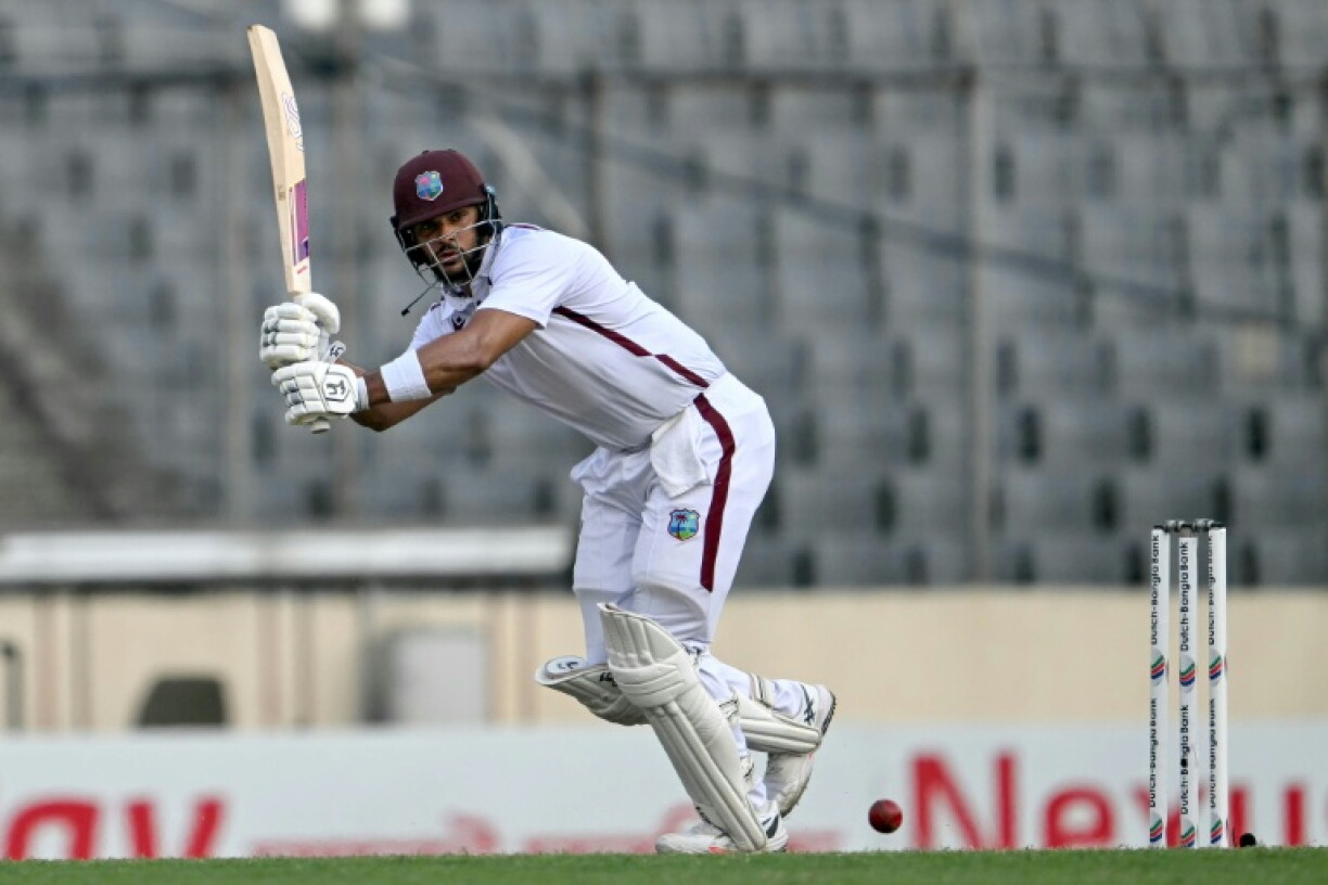 West Indies' Brandon King plays a shot during the fourth day of the first Test