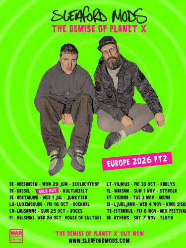 Sleaford Mods' new tour dates, as announced on their Facebook page on 7 April, 2026.
