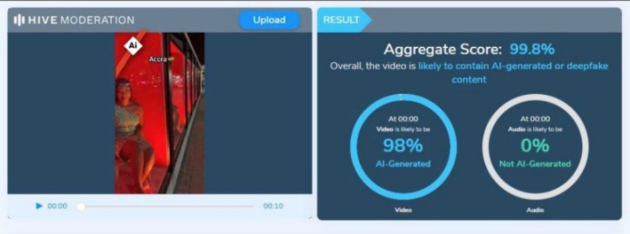 Screenshot of the video analysis result from Hive Moderation, taken on February 10, 2026. AI symbol added by AFP.