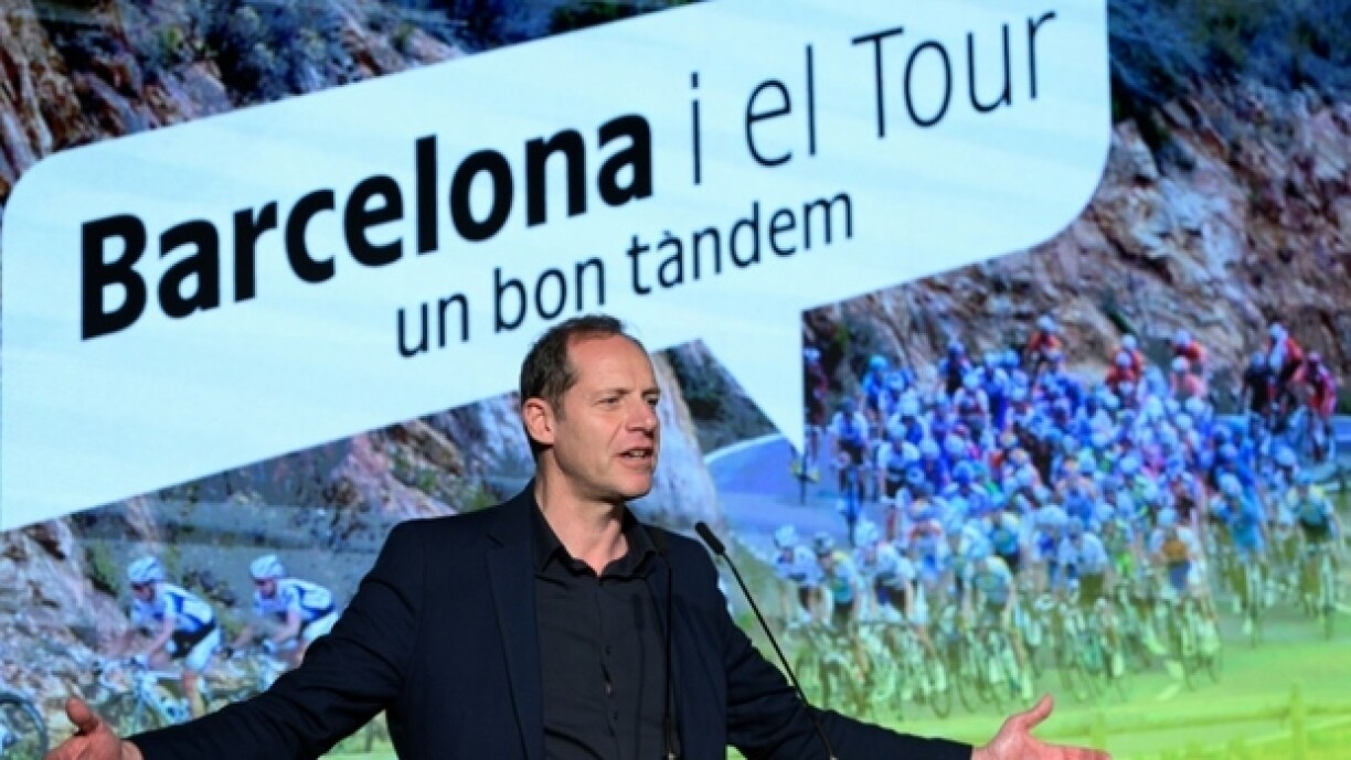 Le patron du Tour de France Christian Prudhomme lors de la présentation du départ de l'édition 2026 à Barcelone, le 25 février 2025 dans la capitale catalane