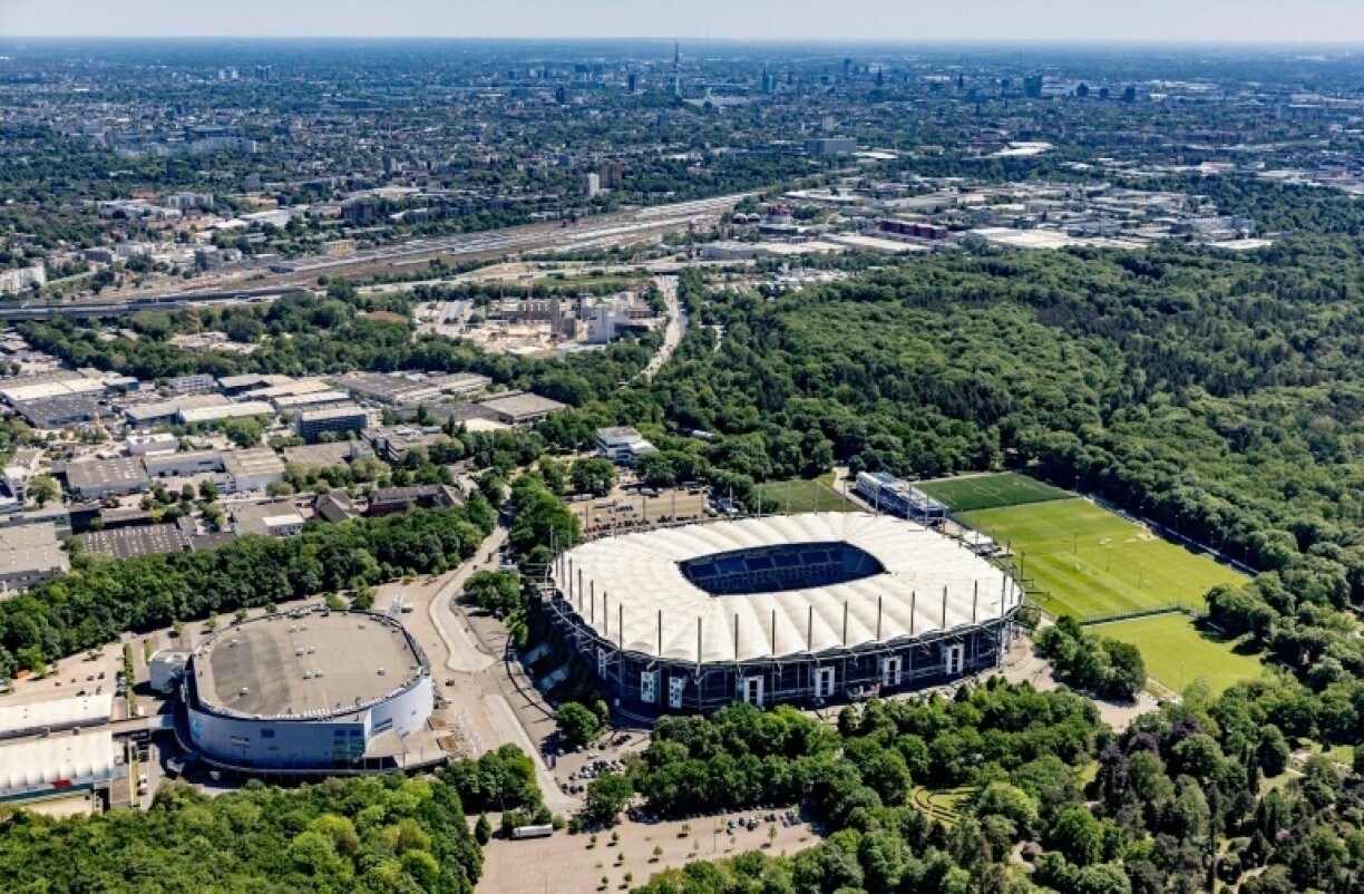 An aerial view shows the 'Volksparkstadion', home stadium of German football club Hamburger SV