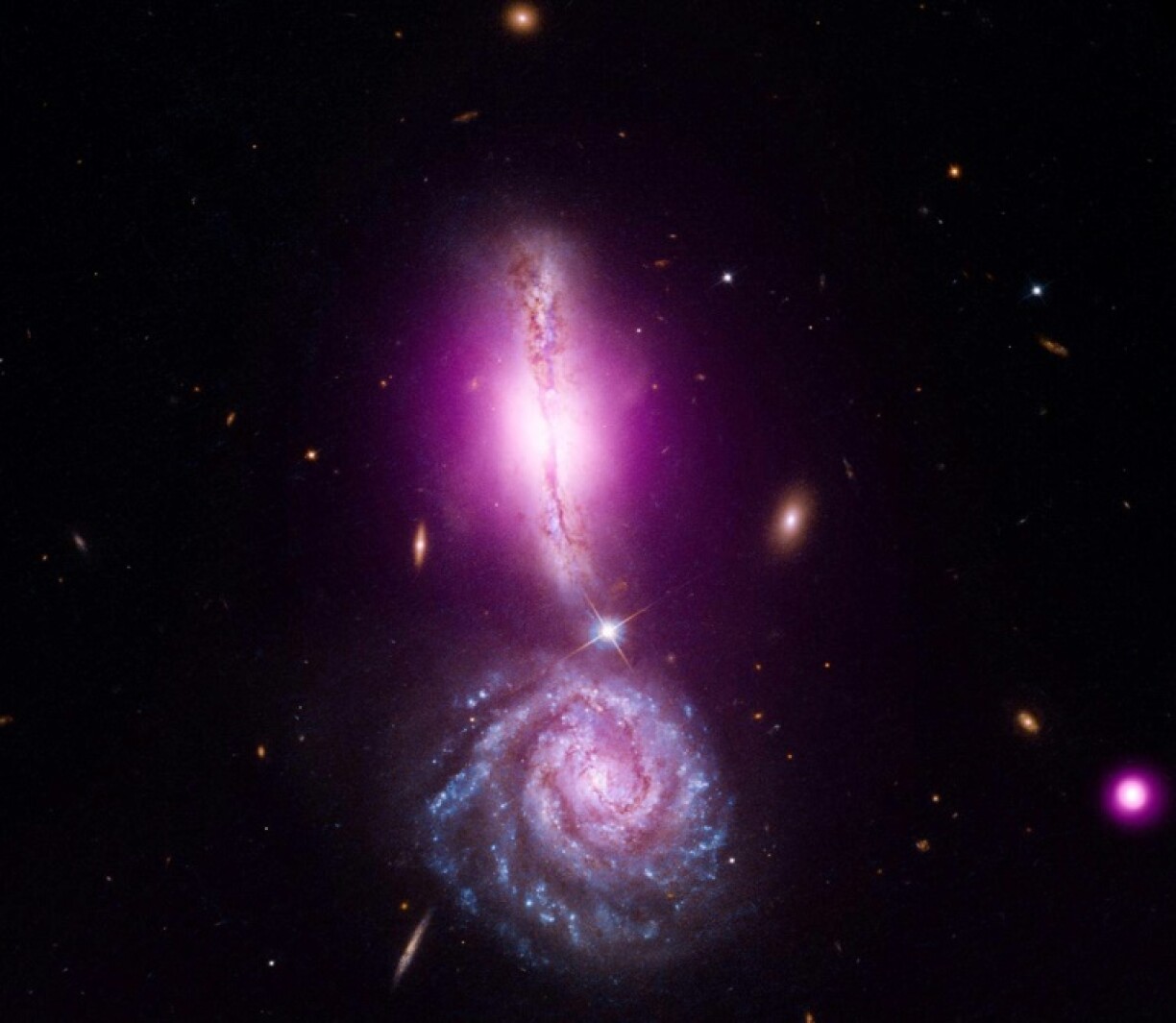 Two galaxies merging with each other -- a cataclysmic fate that could await our home Milky Way