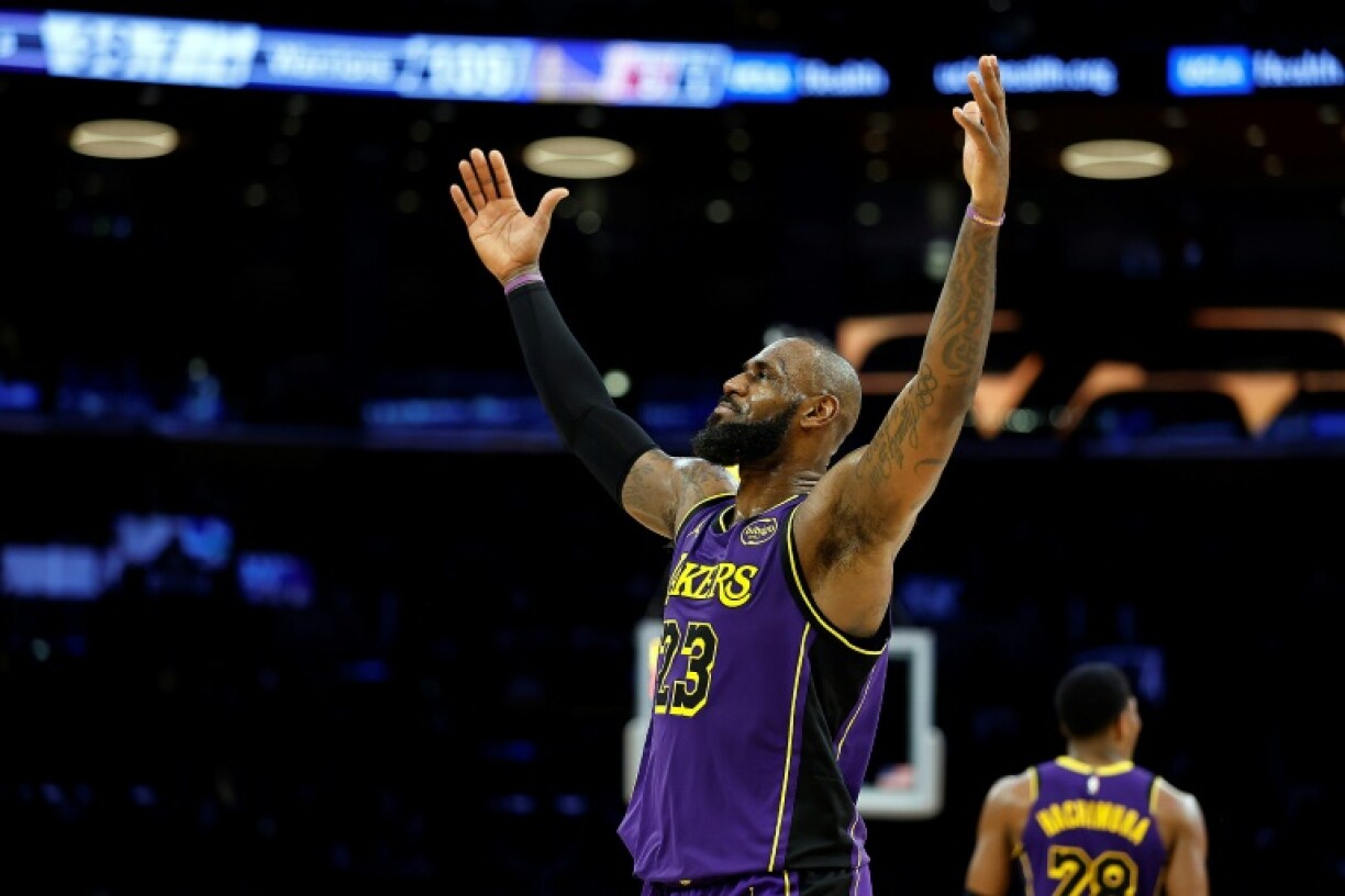 Los Angeles Lakers star LeBron James reacts during a victory over the Golden State Warriors