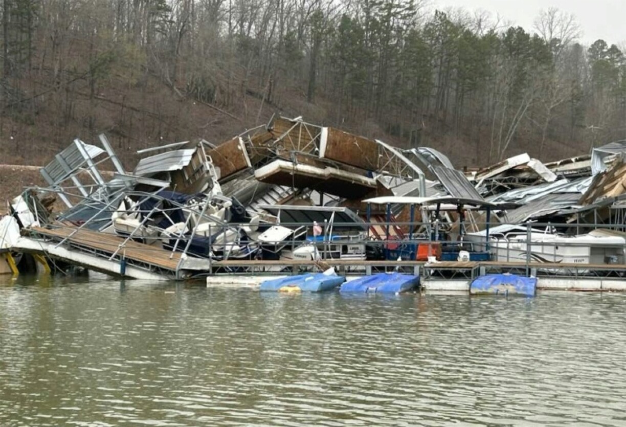 A handout image released by the Missouri State Highway Patrol on March 15 shows a damaged marina on Clearwater Lake near Piedmont, Missouri