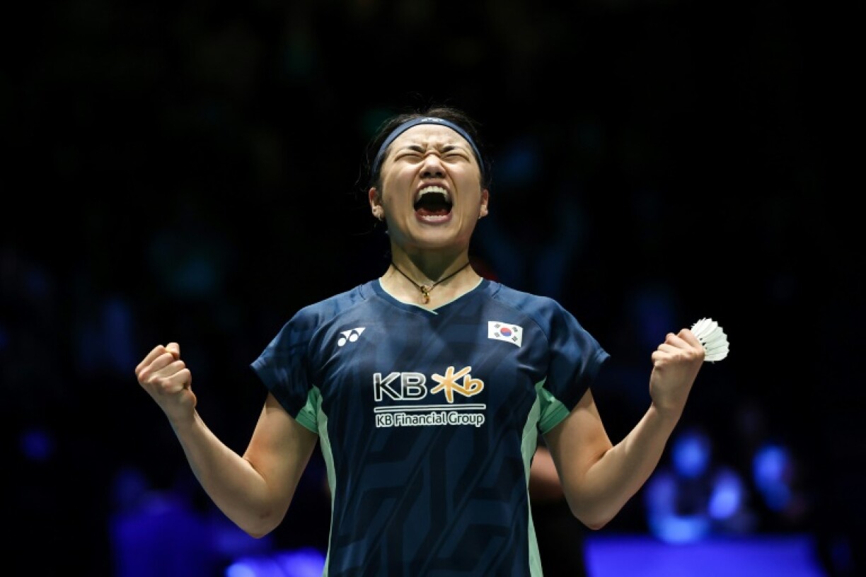 South Korea's An Se-young celebrates victory in the final of the 2025 All England Open