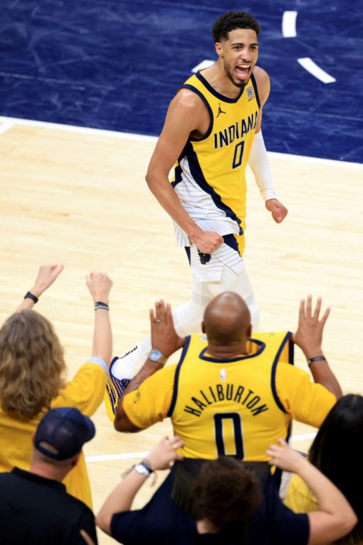 Tyrese Haliburton of the Indiana Pacers celebrates during the fourth quarter of the Pacers' victory over the New York Knicks to clinch an NBA Finals berth