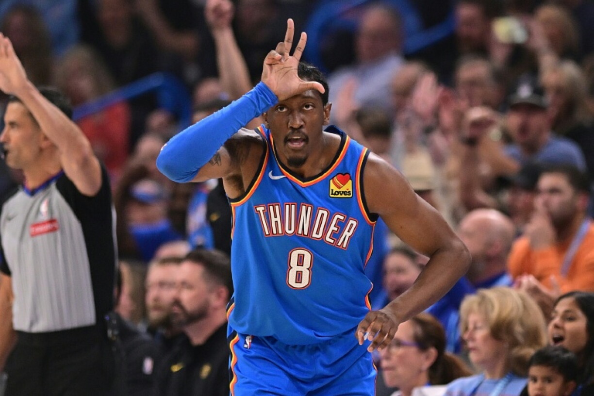 Oklahoma City's Jalen Williams celebrates a basket in the Thunder's NBA victory over the Denver Nuggets