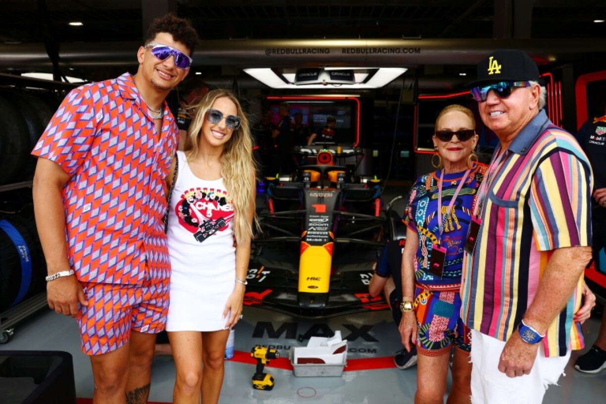 Nancy Walton Laurie and Bill Laurie, at right pictured with NFL star Patrick Mahomes and Brittany Mahomes, are among the NBA Las Vegas franchise bidders