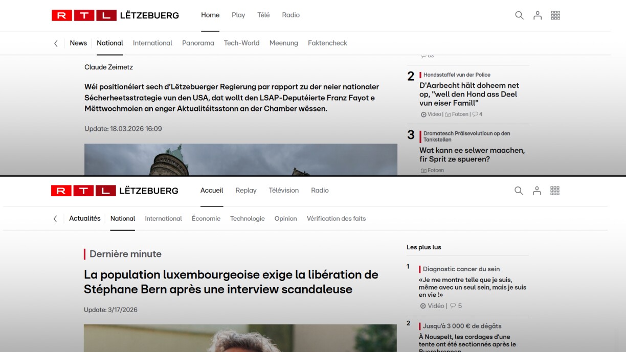 Zwee Screenshotte vum 18. Mäerz. Eng Kéier vum RTL Site (uewen) an eng Kéier vum gefälschte Site (ënnen), fir se mateneen ze vergläichen.