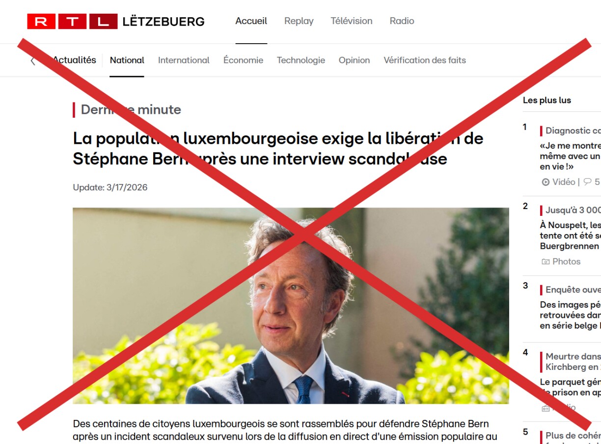 Déi gefälschten RTL-Säit mam Sujet iwwer de Stéphane Bern, Screenshot vum 18. Mäerz gemaach vun RTL.