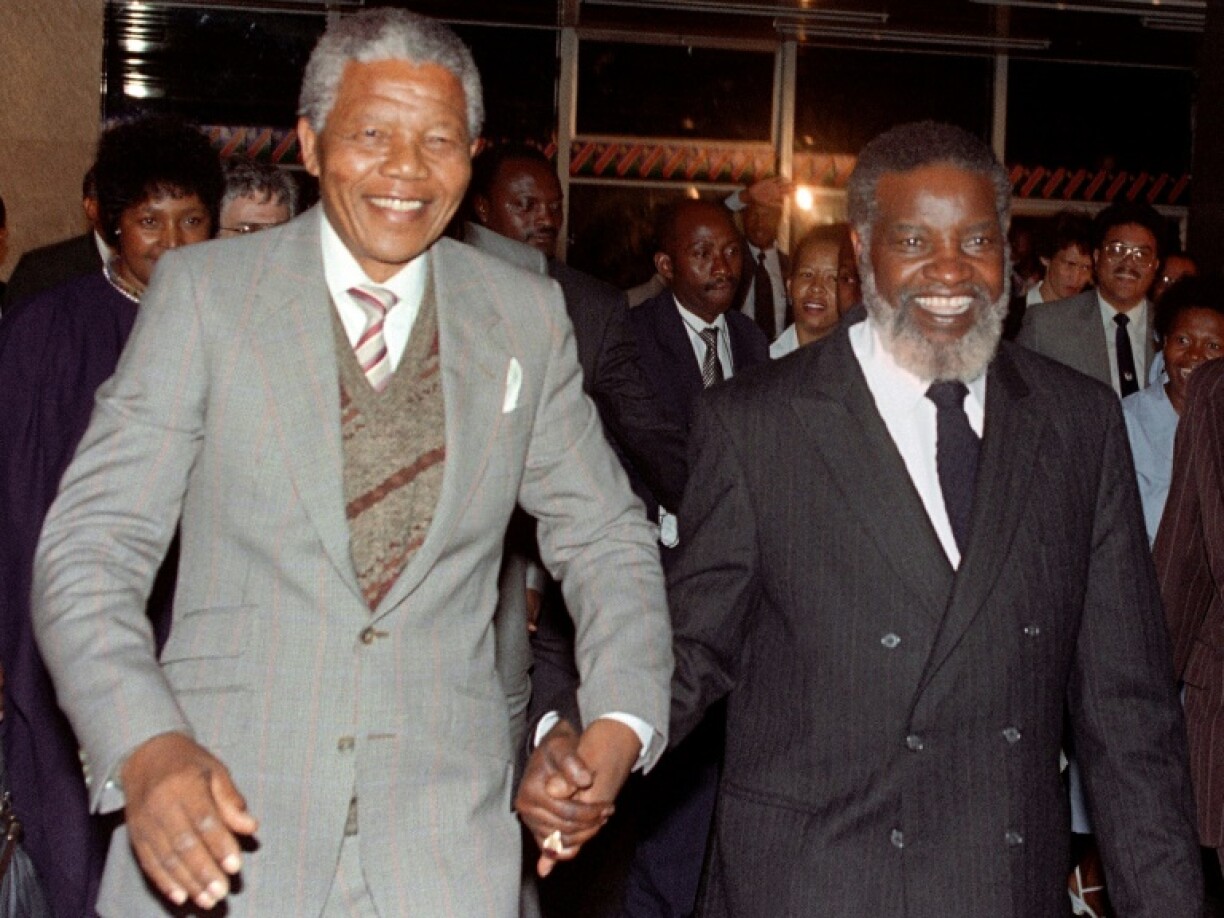 Namibian president Sam Nujoma (R) and South African anti-apartheid leader and Nelson Mandela at the beginning of Namibia's independence celebrations on March 20, 1990