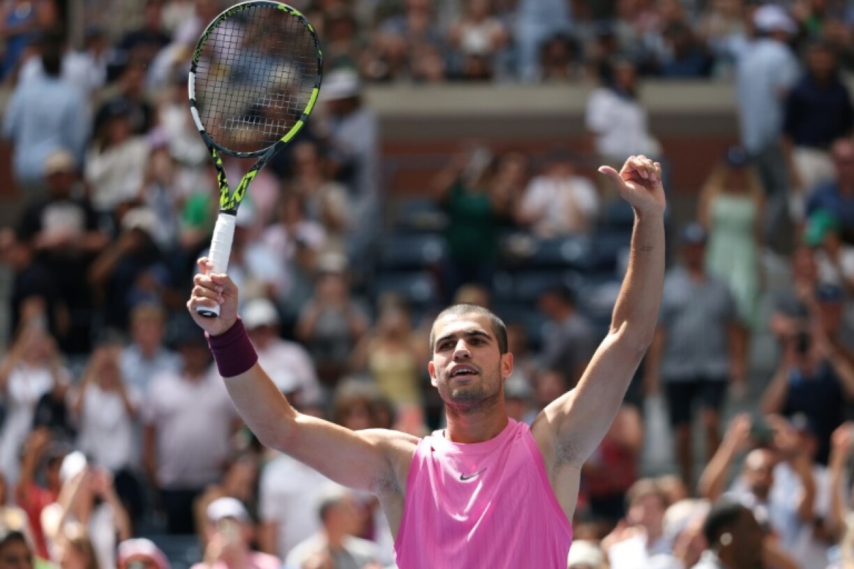 Spain's Carlos Alcaraz celebrates his victory over Italy's Luciano Darderi in the US Open third round
