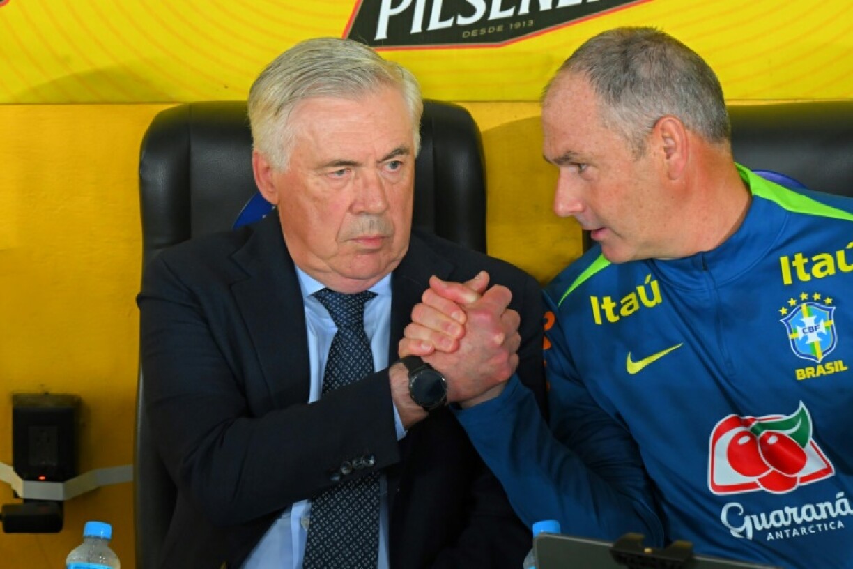 Brazil's Italian head coach Carlo Ancelotti shakes hands with his English assistant Paul Clement, before Thursday's qualifier with Ecuador.