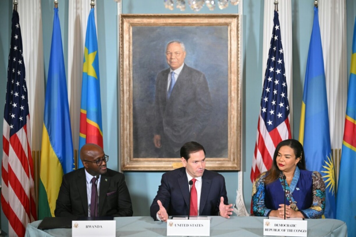 US Secretary of State Marco Rubio speaks during a peace agreement signing ceremony between Democratic Republic of Congo and Rwanda