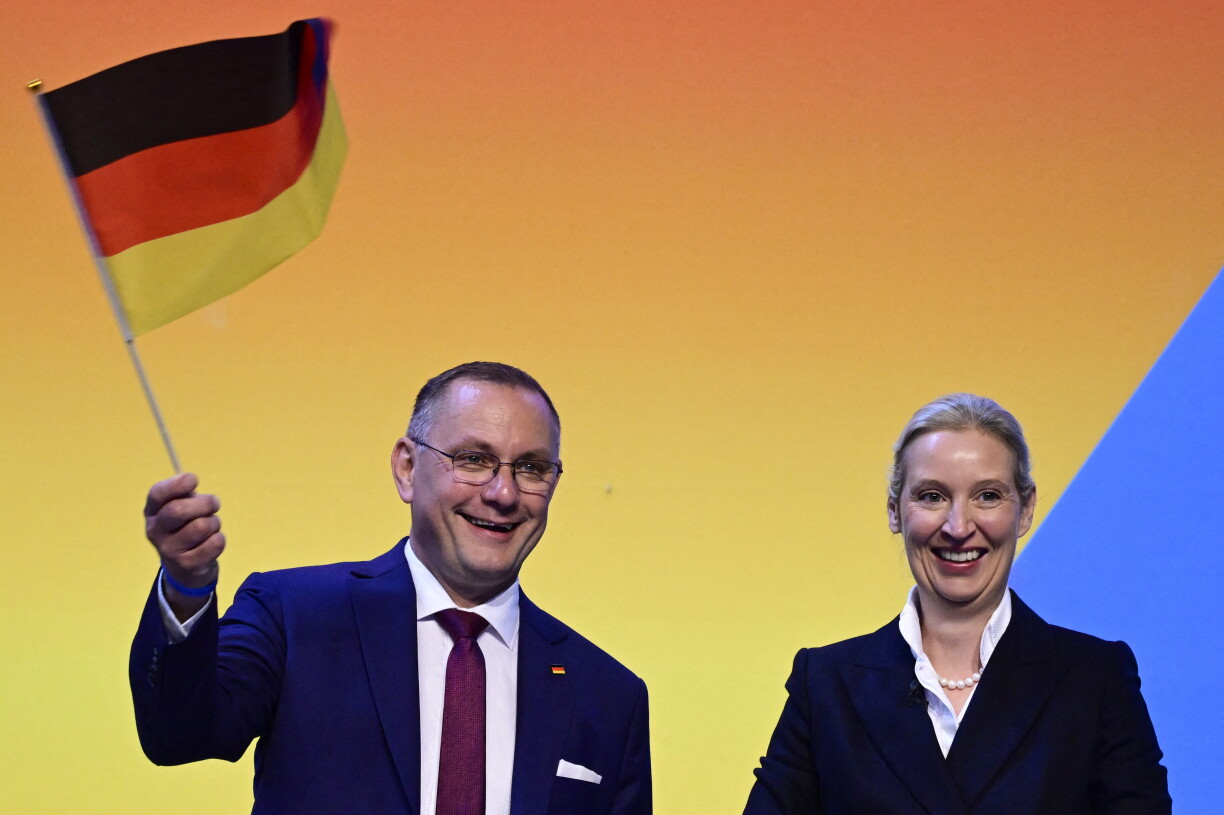 D'Parteicheffe vun der AfD Tino Chrupalla an Alice Weidel