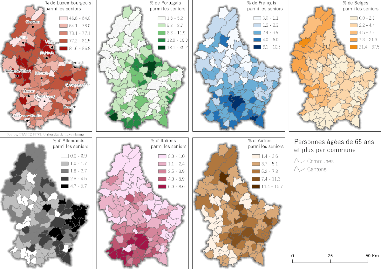 Tandis que les seniors luxembourgeois sont davantage installés dans le nord du pays (en rouge, en haut à gauche), les Portugais sont dans le Sud et autour de Larochette (en vert). Les Français (en bleu) et les Italiens (en rose) occupent eux la moitié sud du pays.