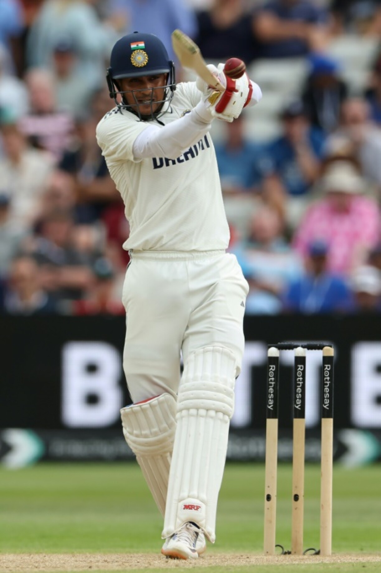 India captain Shubman Gill hits a boundary during his 161 in the second Test against England at Edgbaston