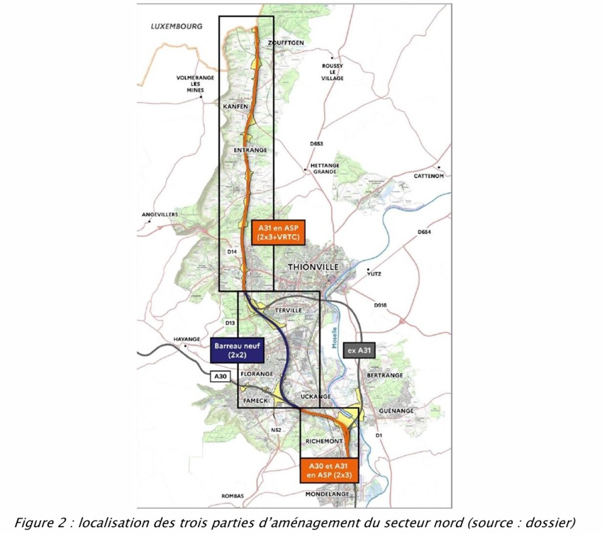 Carte de la future A31bis, du tunnel sous Florange et de l'ex-A31 (en gris).