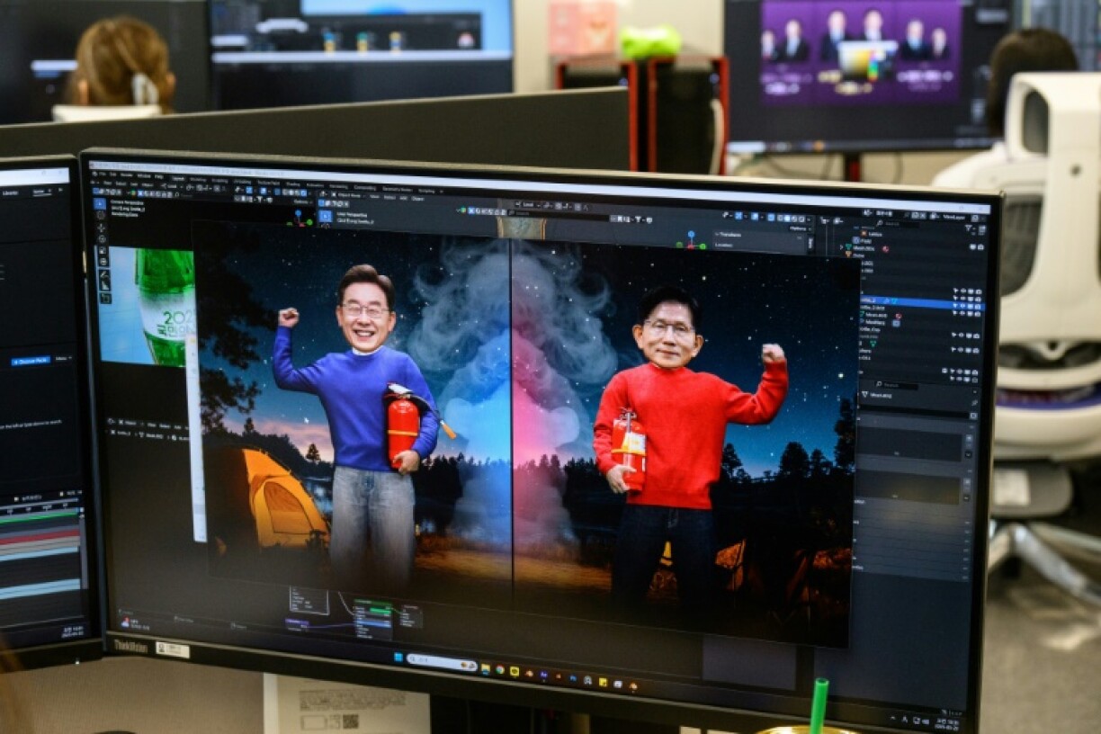 CGI animated graphics depict (L-R) Lee Jae-myung, the presidential candidate for South Korea's Democratic Party and Kim Moon-soo, the ruling People Power Party nominee, as they hold fire extinguishers