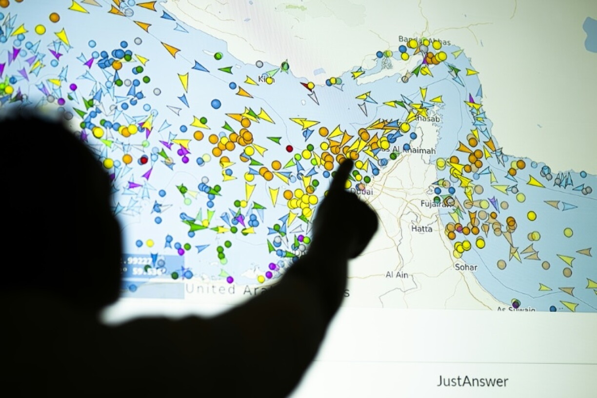 Photo d’illustration prise à Nicosie le 4 mai 2026 montrant une personne devant un grand écran affichant les mouvements de navires dans le détroit d’Ormuz sur un site de suivi maritime