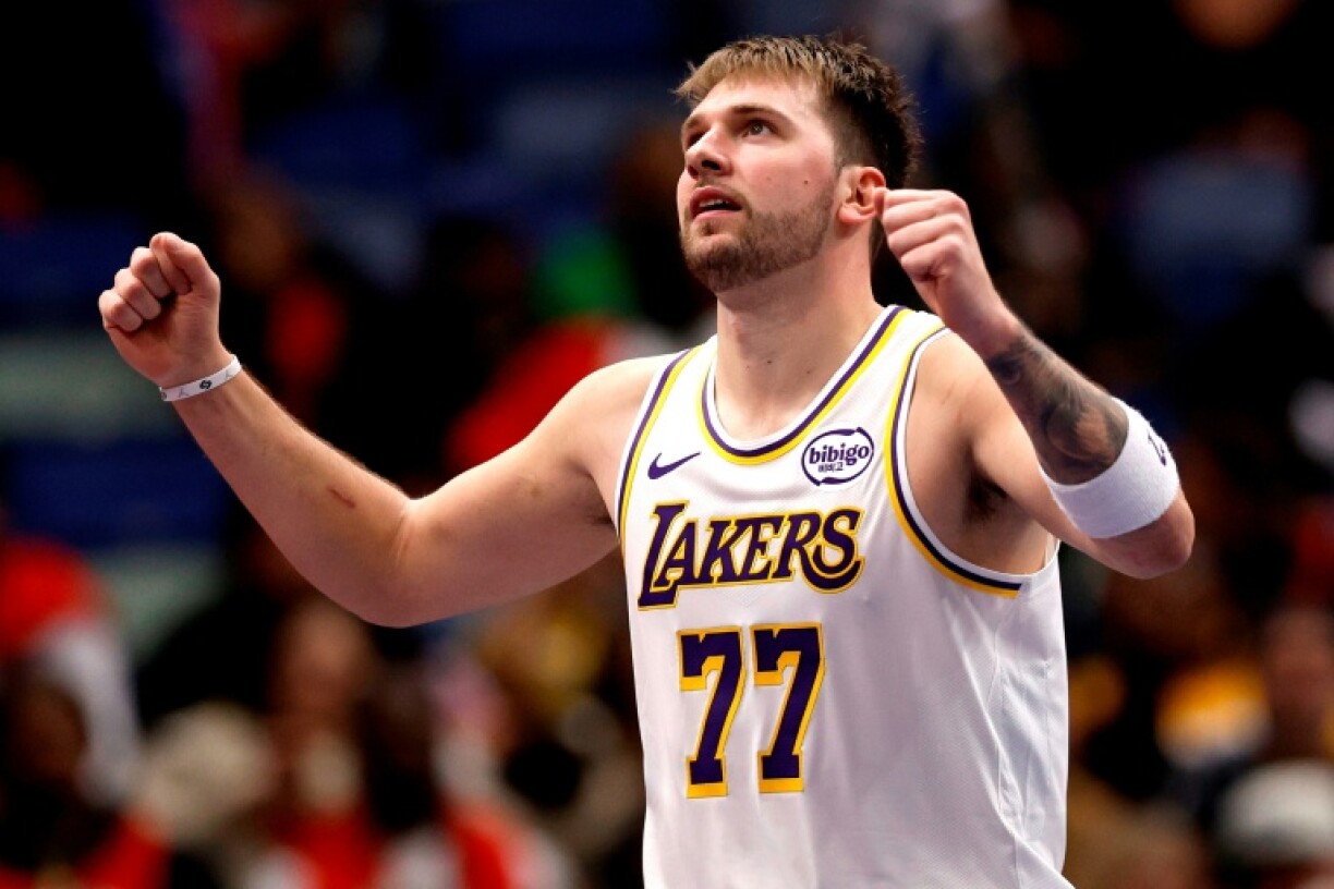 Luka Doncic of the Los Angeles Lakers reacts after scoring in the fourth quarter of the Lakers' NBA Cup victory over the New Orleans Pelicans