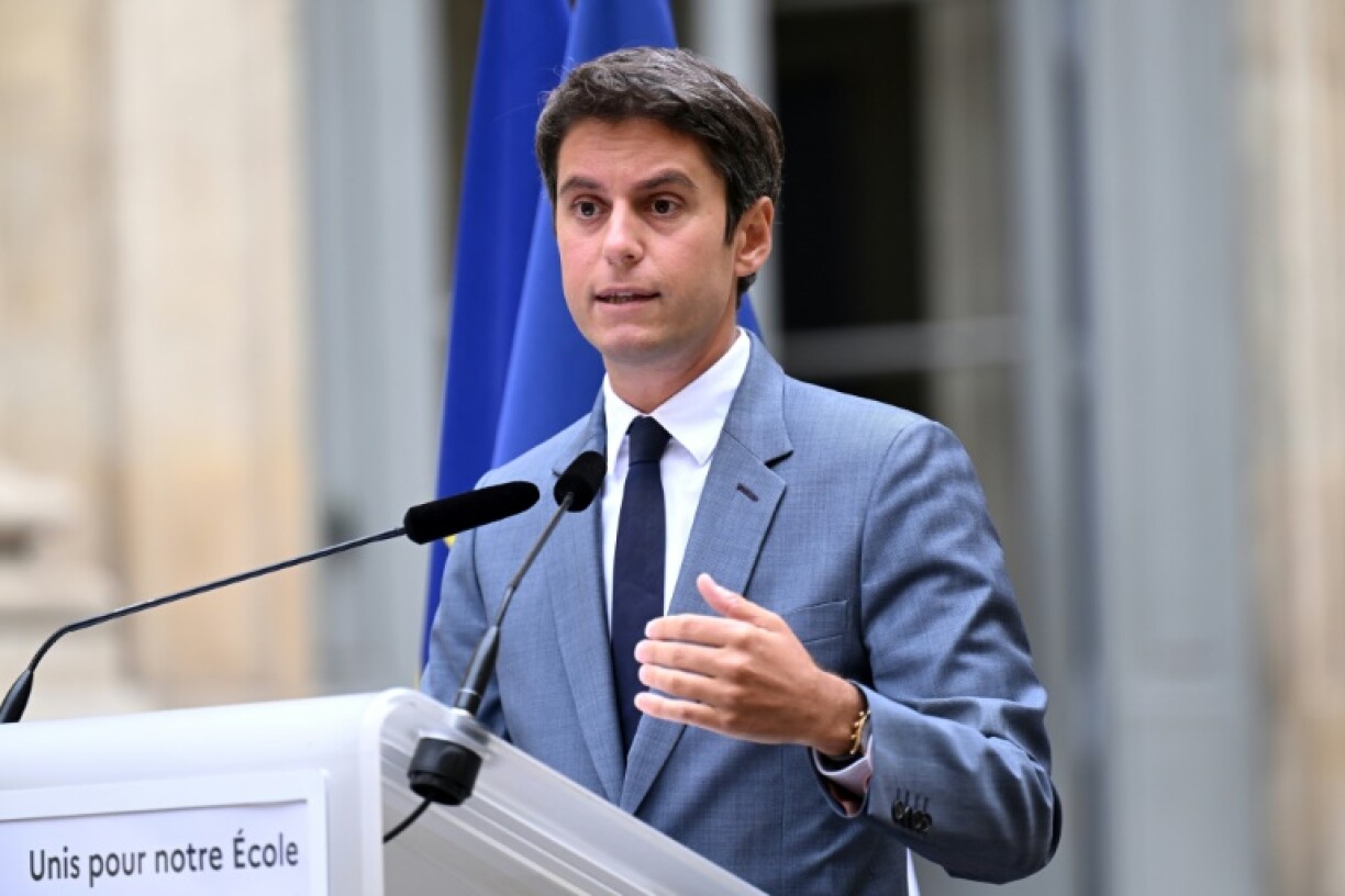 Le ministre de l'Education nationale Gabriel Attal lors d'une conférence de presse, le 28 août 2023 à Paris