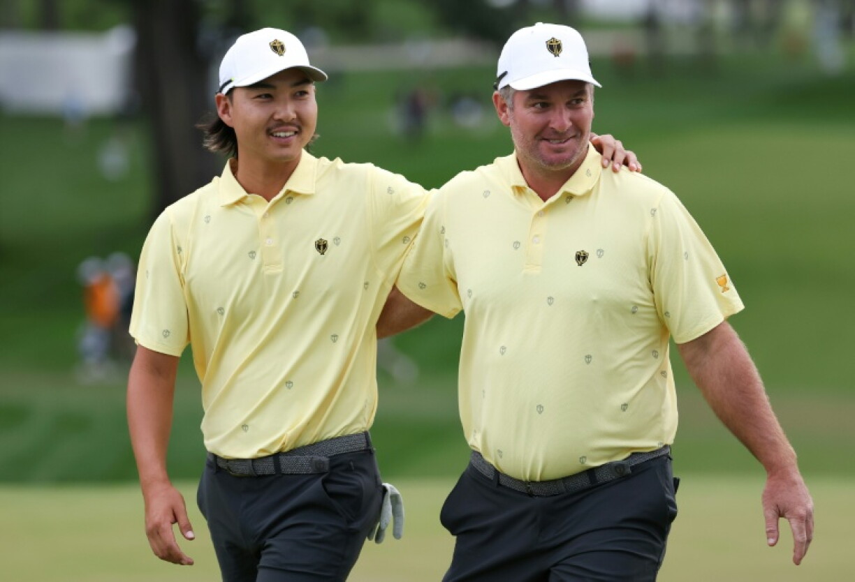 Min Woo Lee and Ryan Fox celebrate their victory in a foursomes sweep as the International team took control of the Presidents Cup