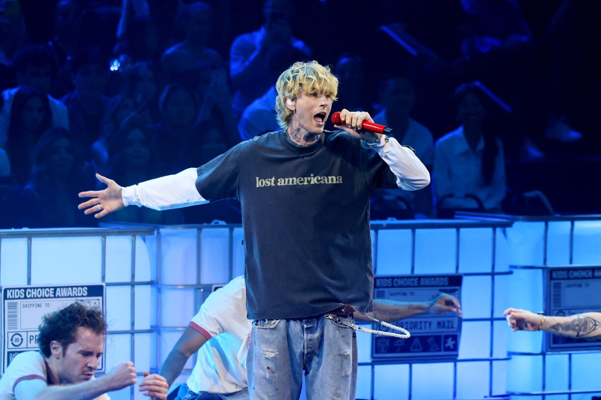 mgk performs onstage during the Nickelodeon Kids' Choice Awards 2025 at Barker Hangar on June 21, 2025 in Santa Monica, California