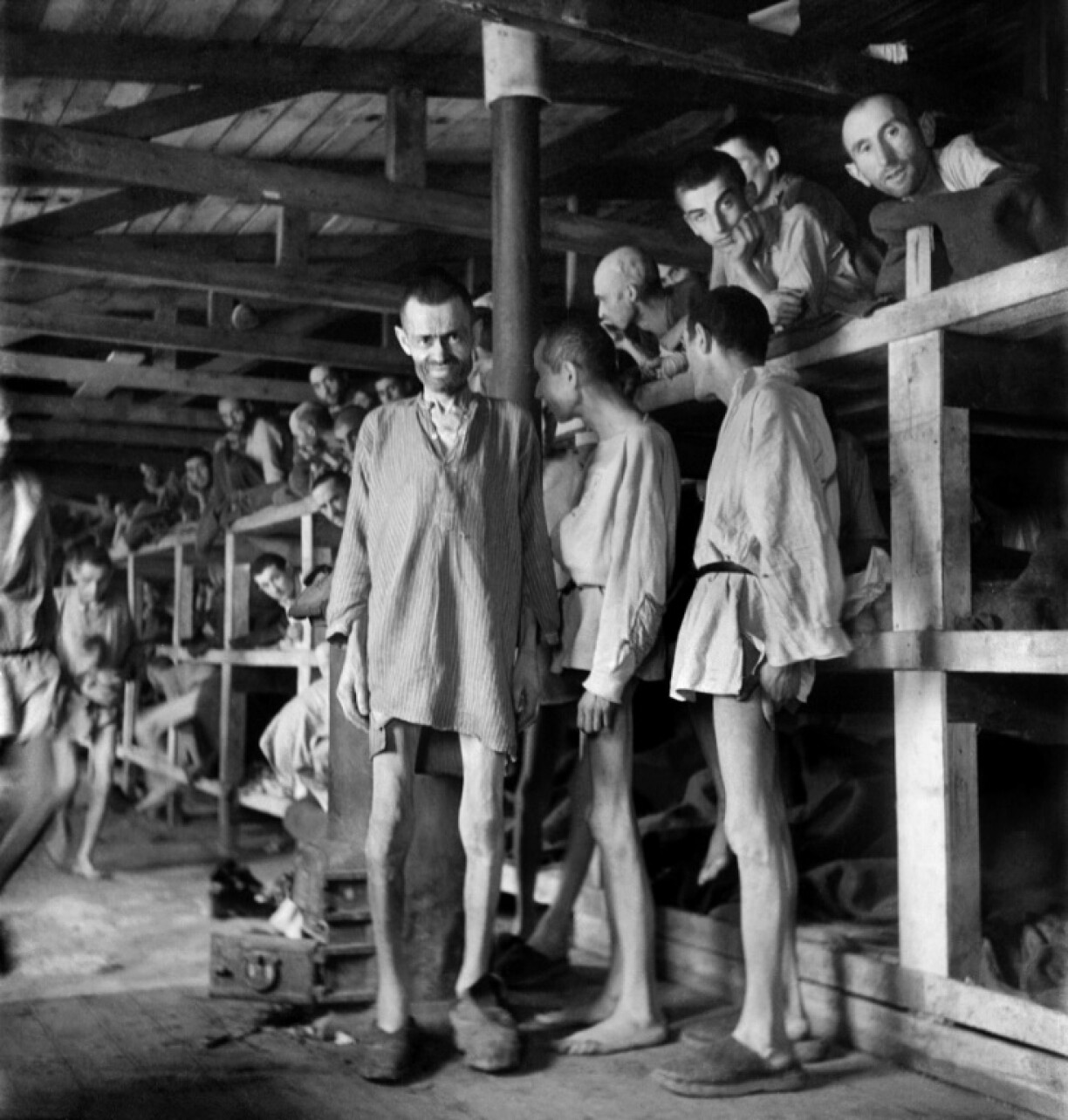 Prisoners in Block 61 of Buchenwald concentration camp on April 12, 1945, shortly after the liberation of the camp