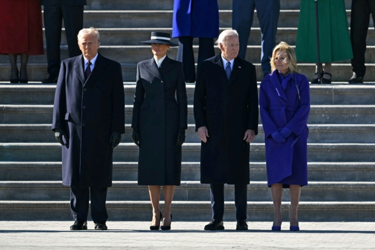 (L-R) US President Donald Trump, First Lady Melania Trump, US former President Joe Biden and former First Lady Jill Biden stand during a farewell ceremony outside the US Capitol on January 20, 2025, following Donald Trump's inauguration