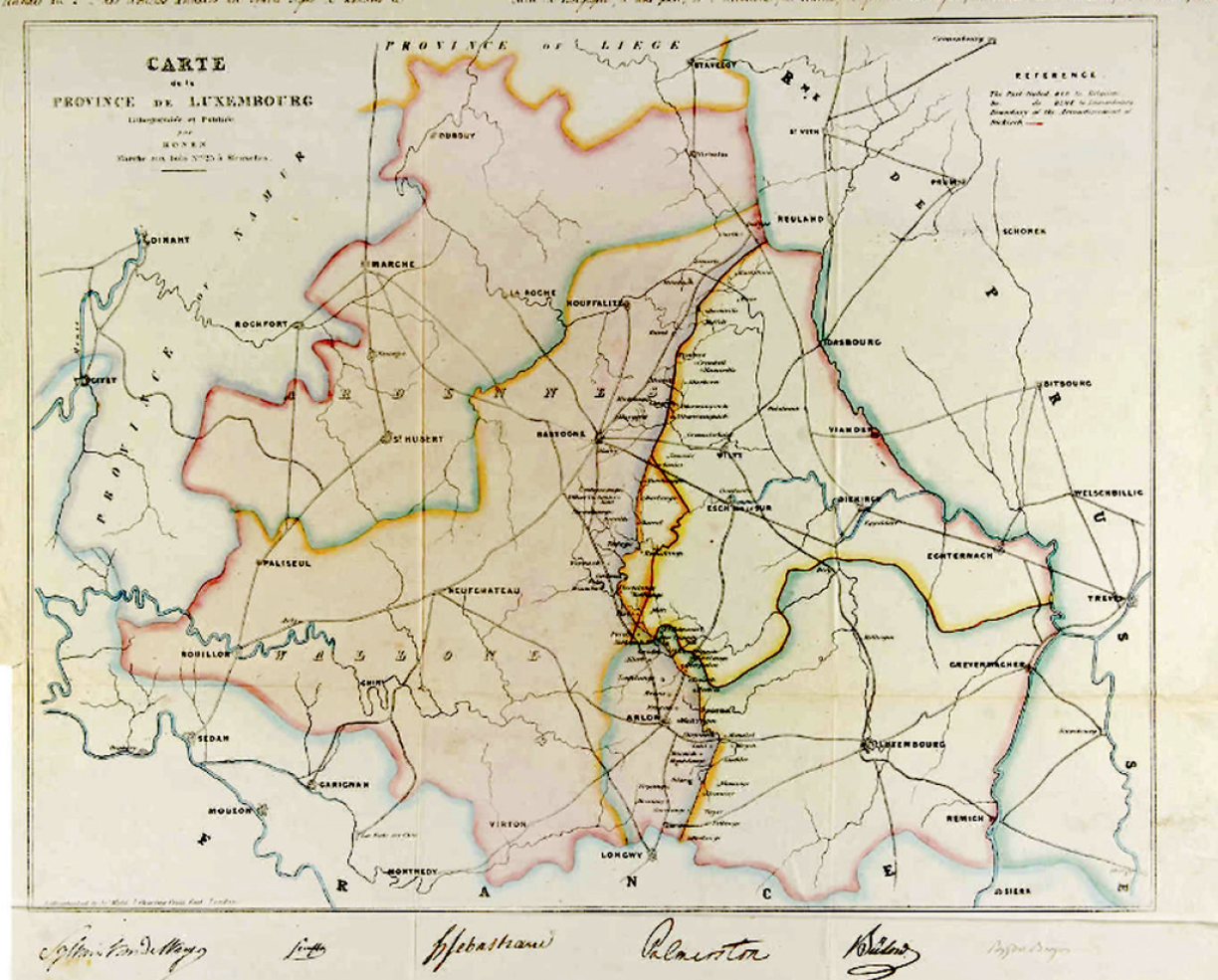 The above map shows the partition of Luxembourg at the Treaty of London in 1839. Luxembourg in its current shape lost a significant amount of land, which is now the Luxembourg province in Wallonia.