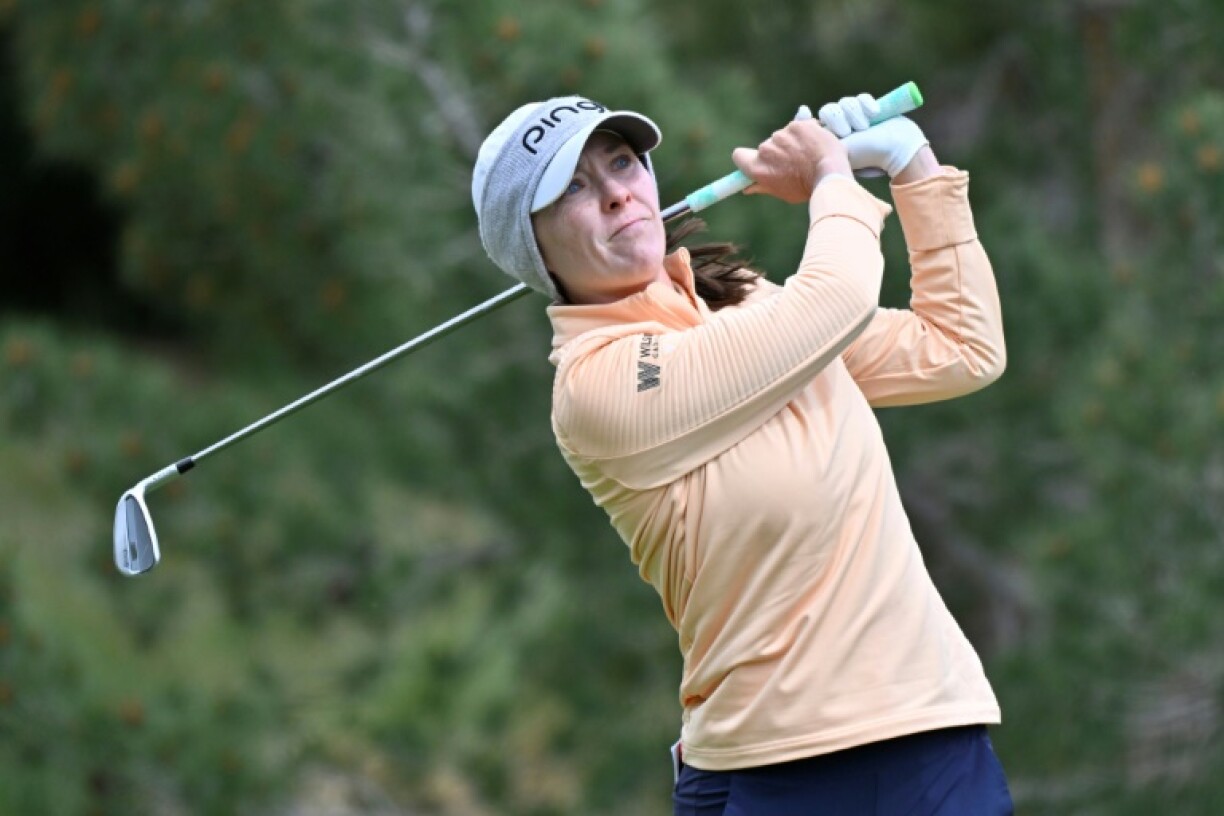 Brittany Altomare tees off at the fifth hole on the way to a tie with world number one Nelly Korda on the first day of the LPGA Match Play