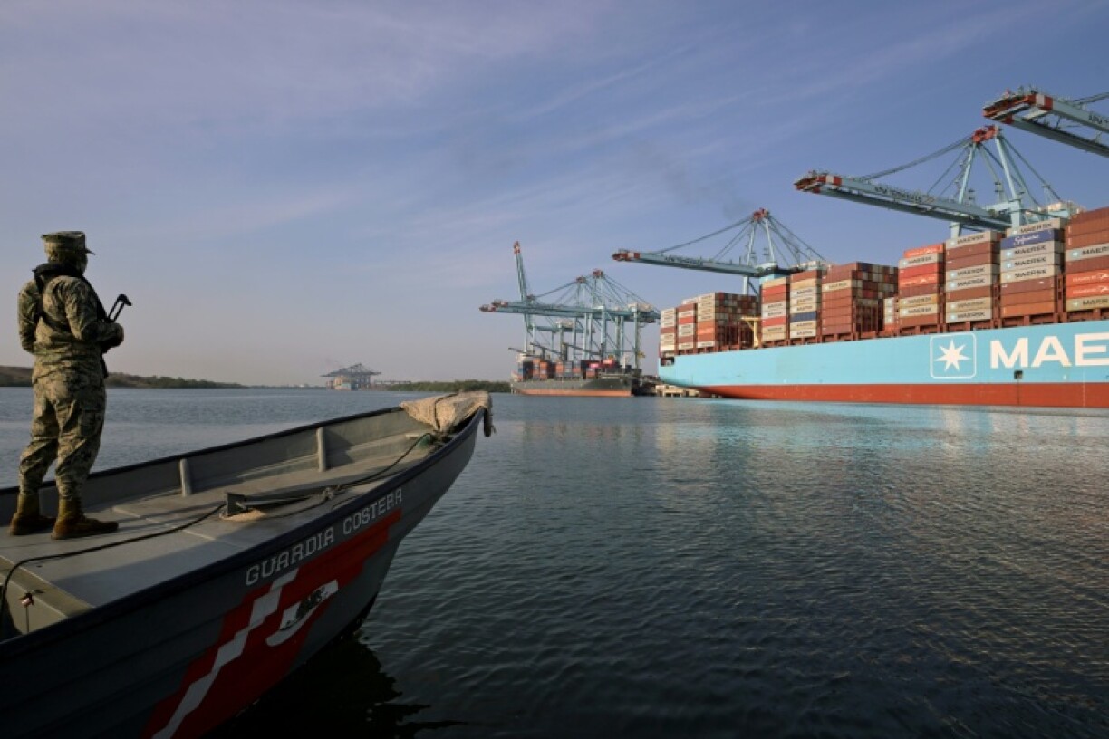 Members of the navy patrol the Lazaro Cardenas port on Mexico's Pacific coast