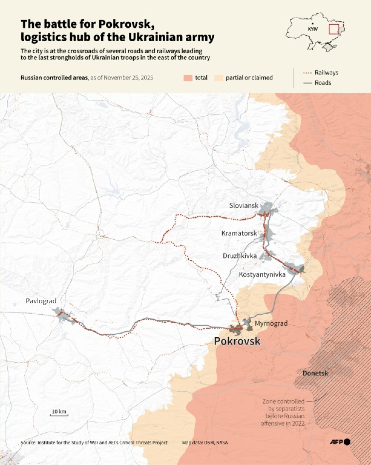 Graphic showing the battle for Pokrovsk, logistics hub of the Ukrainian army, showing Russian-controlled zones nearby