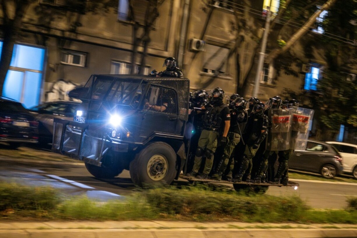 Serbian riot police during an anti-government protest in Belgrade Monday