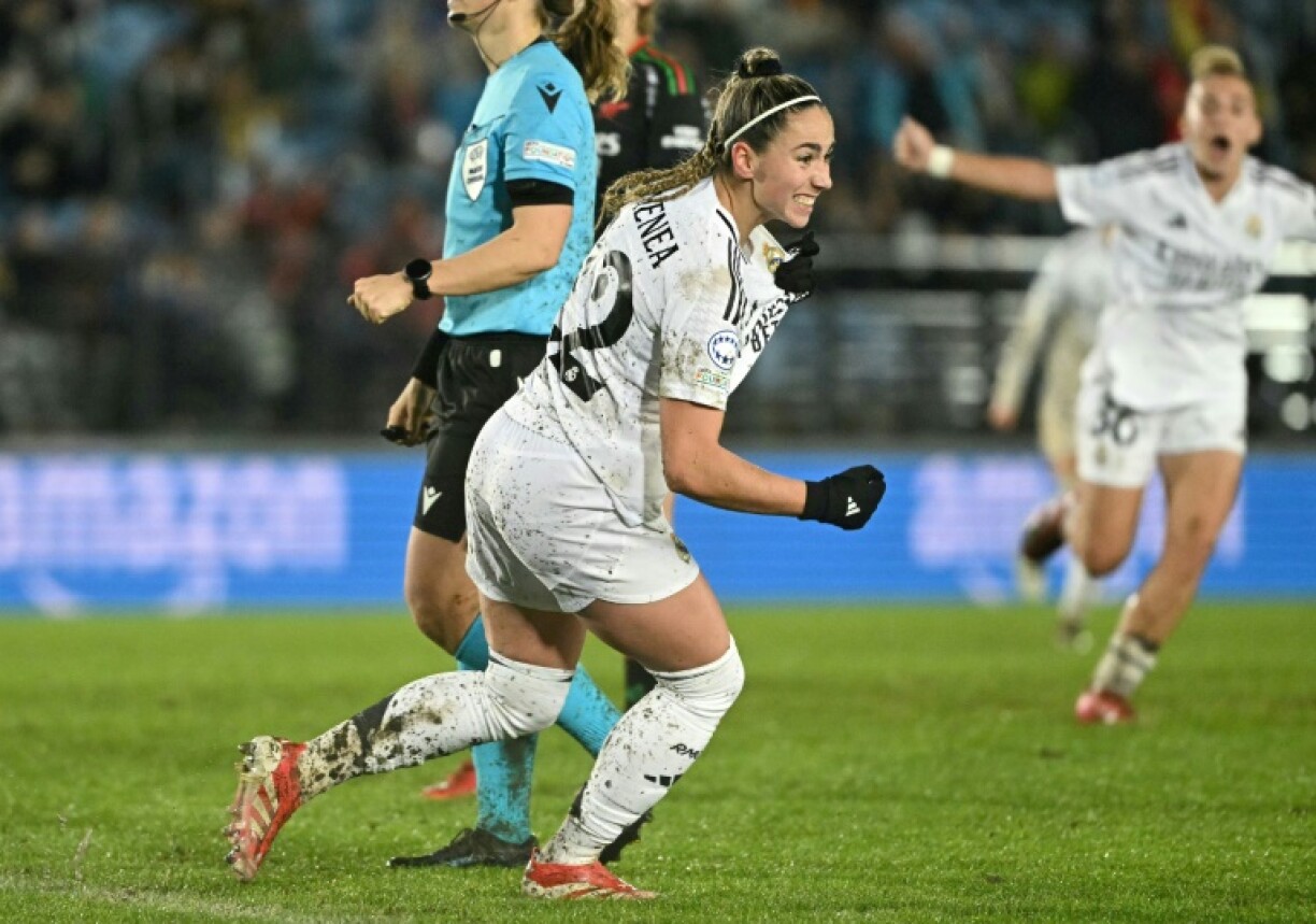 Athenea del Castillo celebrates after scoring Real Madrid's second goal in their 2-0 win over Arsenal in the Women's Champions League