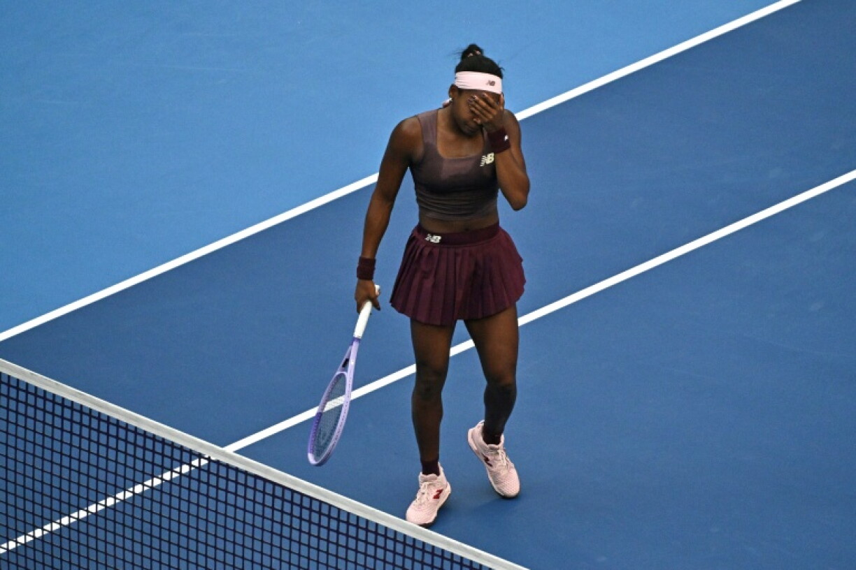 USA's Coco Gauff reacts during her women's singles match against Belgium’s Elise Mertens at the China Open tennis tournament in Beijing on October 7, 2026.