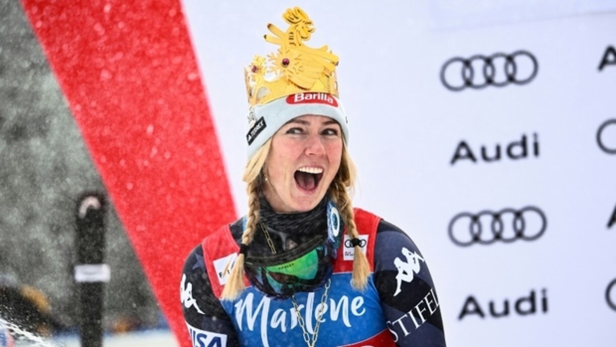 L'Américaine Mikaela Shiffrin sur le podium du slalom géant de Kronplatz, le 24 janvier 2023