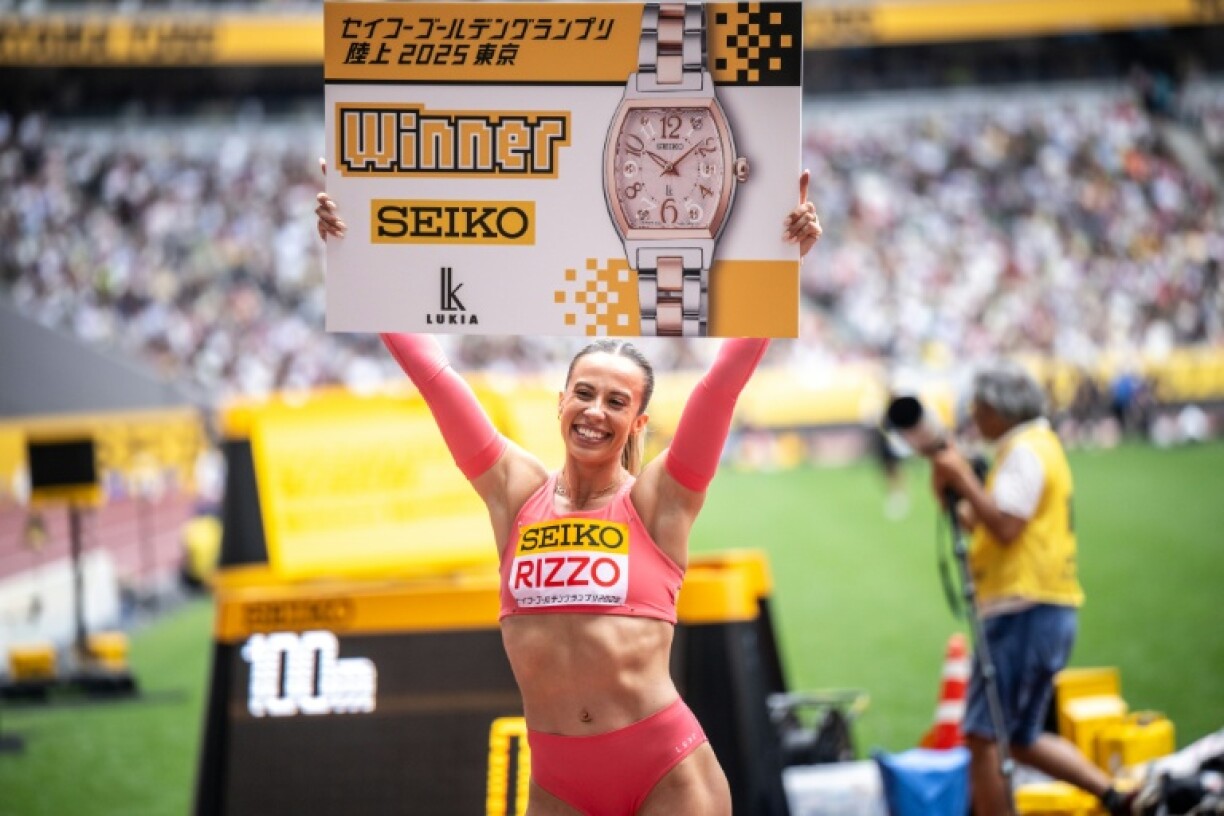 Australia's Bree Rizzo celebrates winning the women's 100m during the Golden Grand Prix in Tokyo