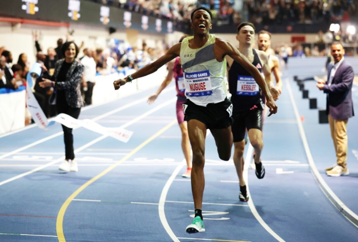 Yared Nuguse reacts after his world-record breaking victory in the mile race at the Millrose Games indoor meeting in New York on Saturday