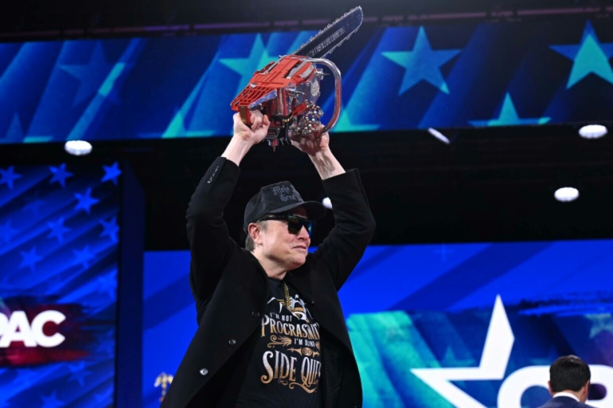 Elon Musk holds a chainsaw reading