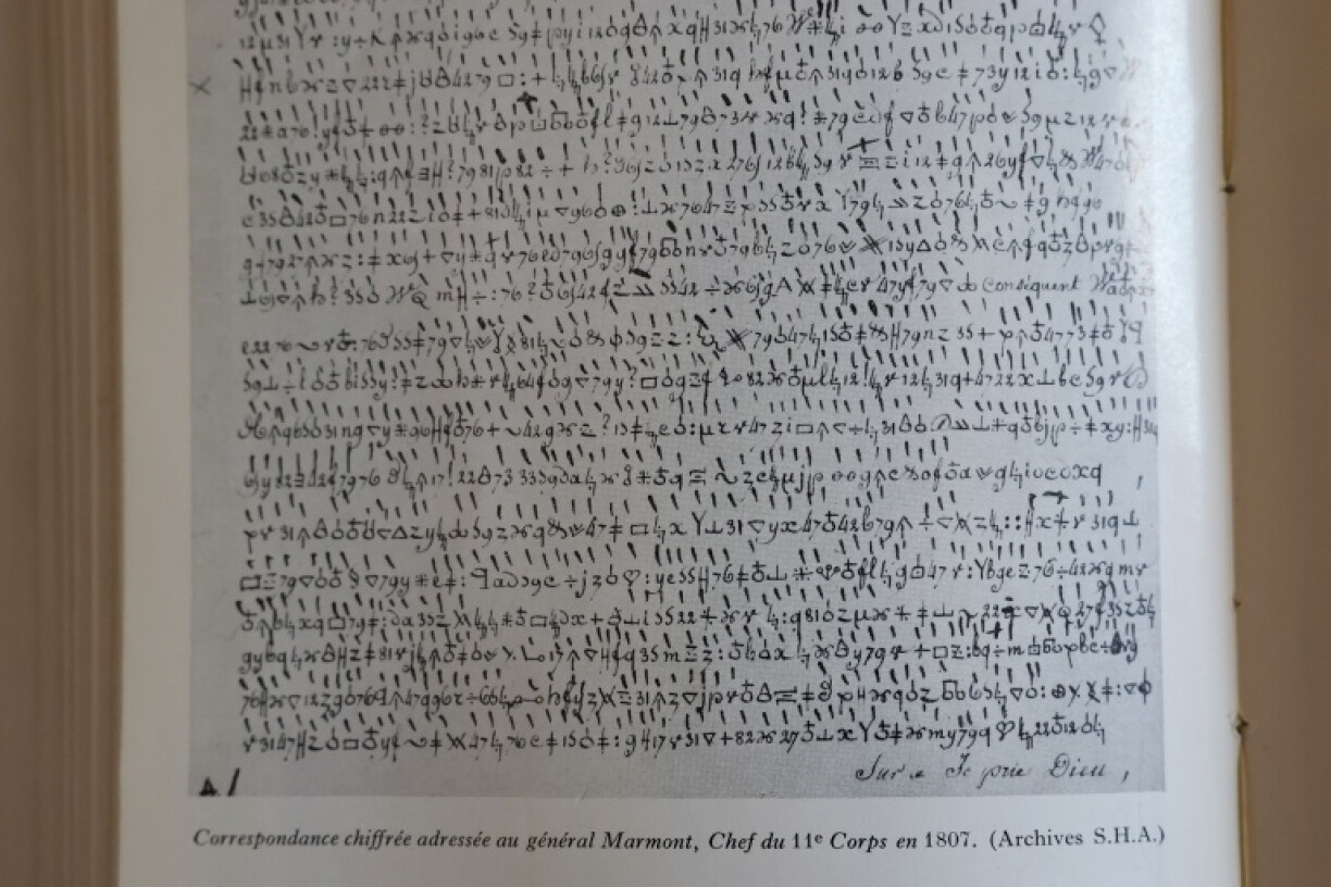 A reproduction of a wartime letter addressed to one of Napoleon's generals written in secret code in 1809, detailing the positions of French troops