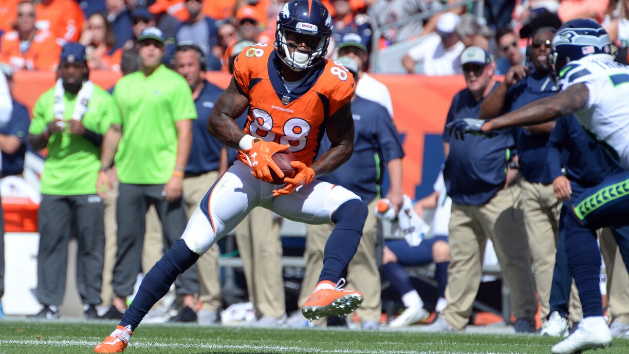 Den Demaryius Thomas 2018 am Déngscht vun den Denver Broncos.