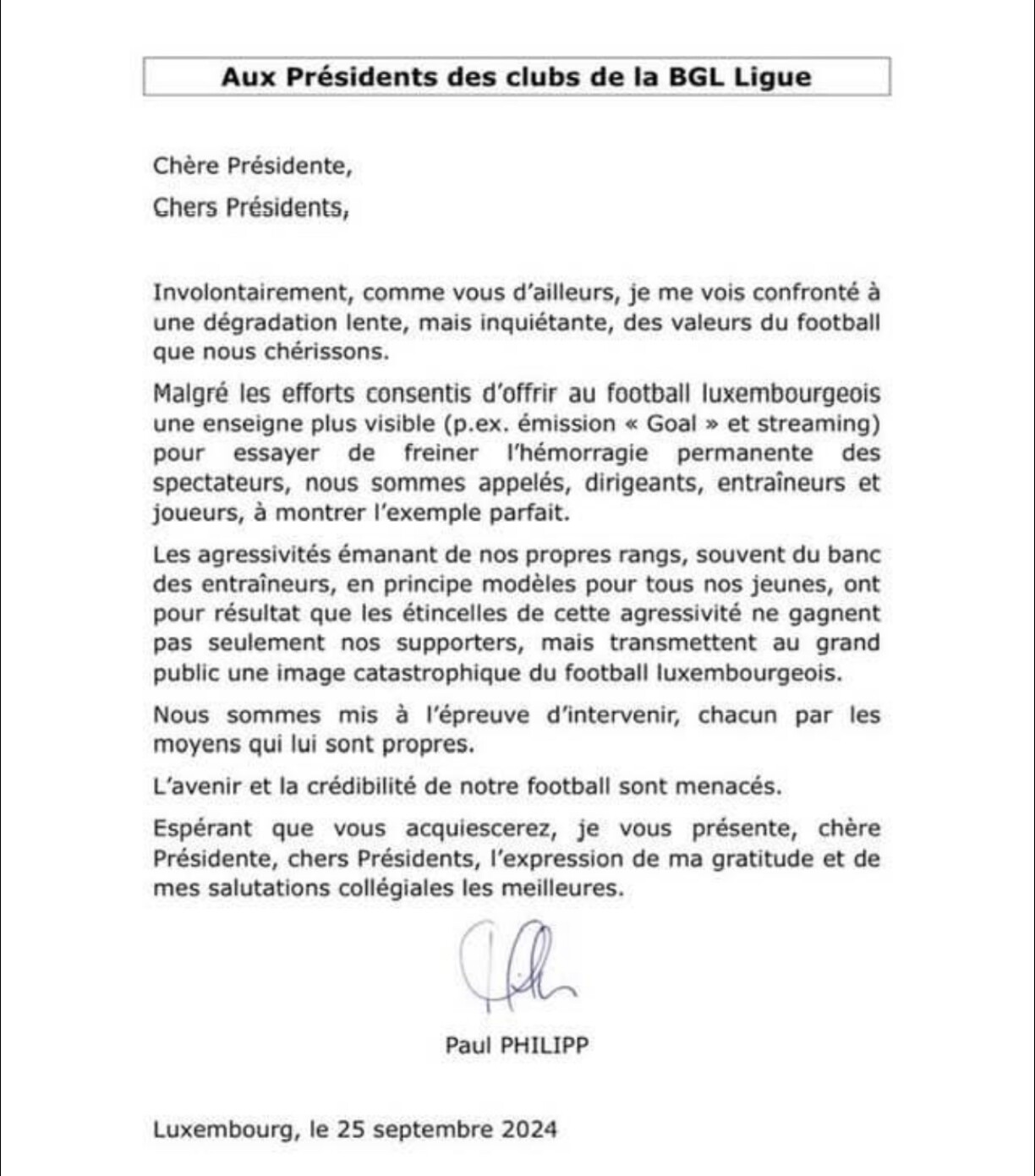 Dem Paul Philipp säi Bréif un d'Club-Presidenten