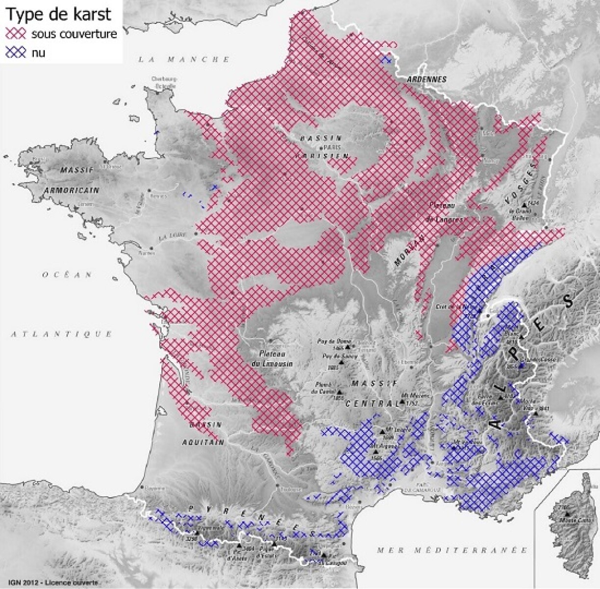Distribution of karstic areas in mainland France