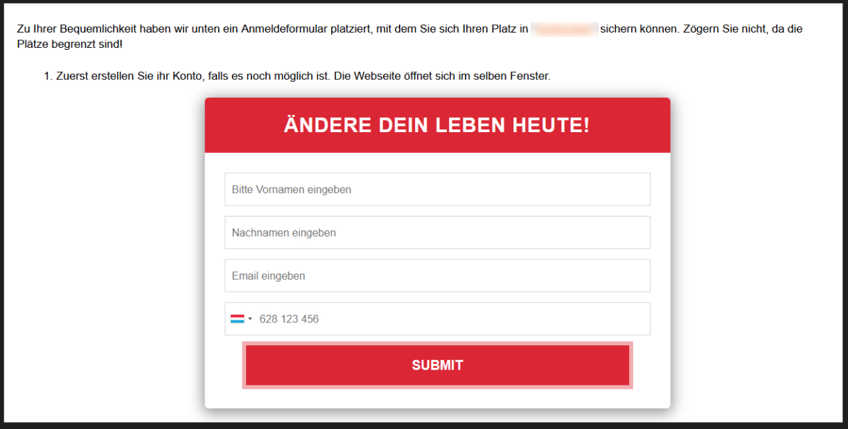 An dëser Fënster probéieren Onéierlecher op der Bedruchssäit un hiren Affer hir Donnéeën a Suen ze kommen. (Link geblurred)