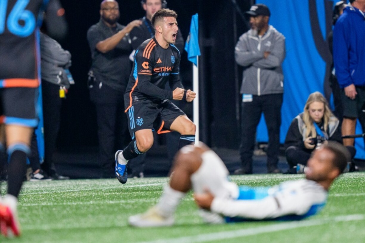 Nicolás Fernández of New York City FC celebrates his first-half goal against Charlotte FC in an MLS playoff first round series-clinching victory